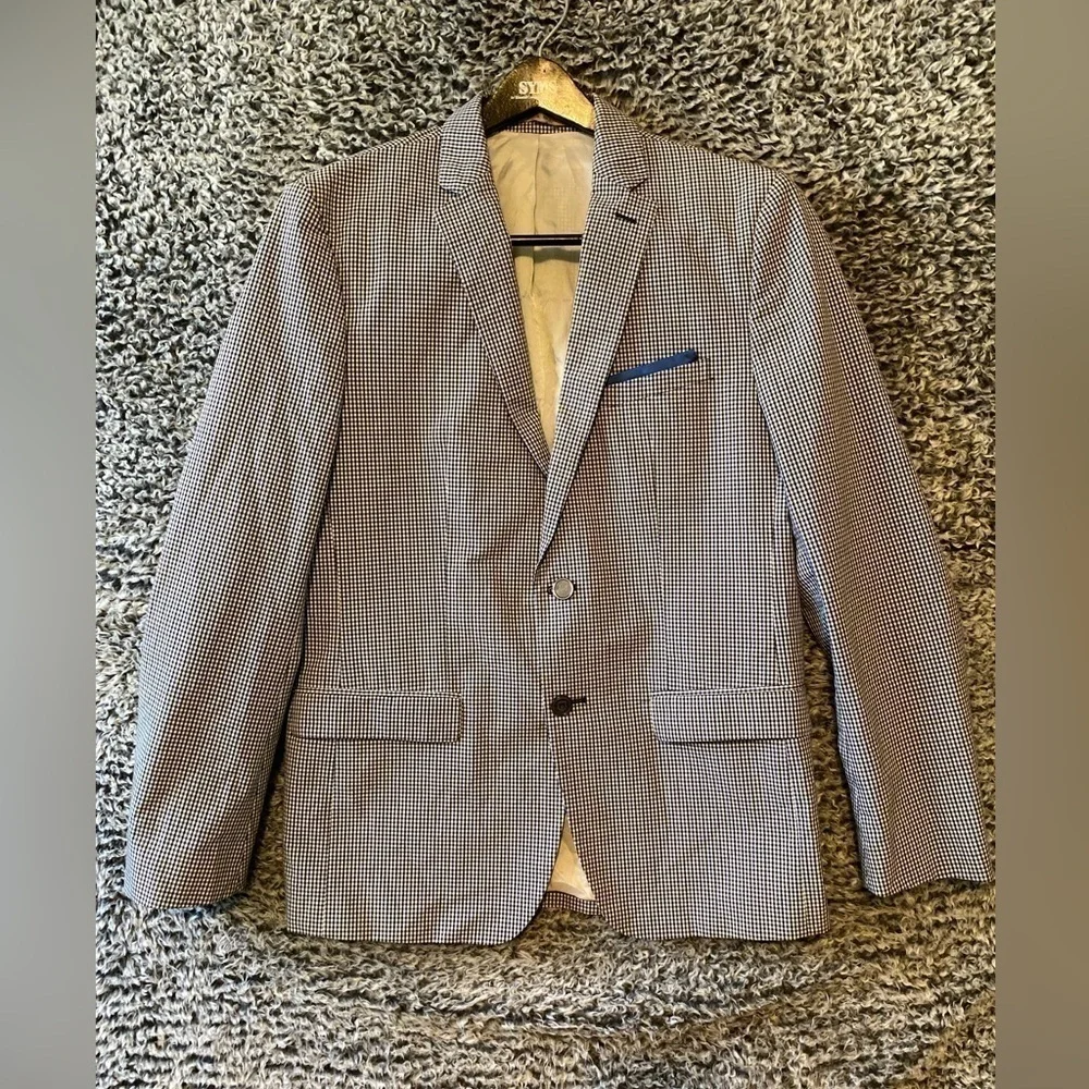 Zara tailored Fit Men’s Checkered Bleu&White Blazer Size 42 with elbow Patches